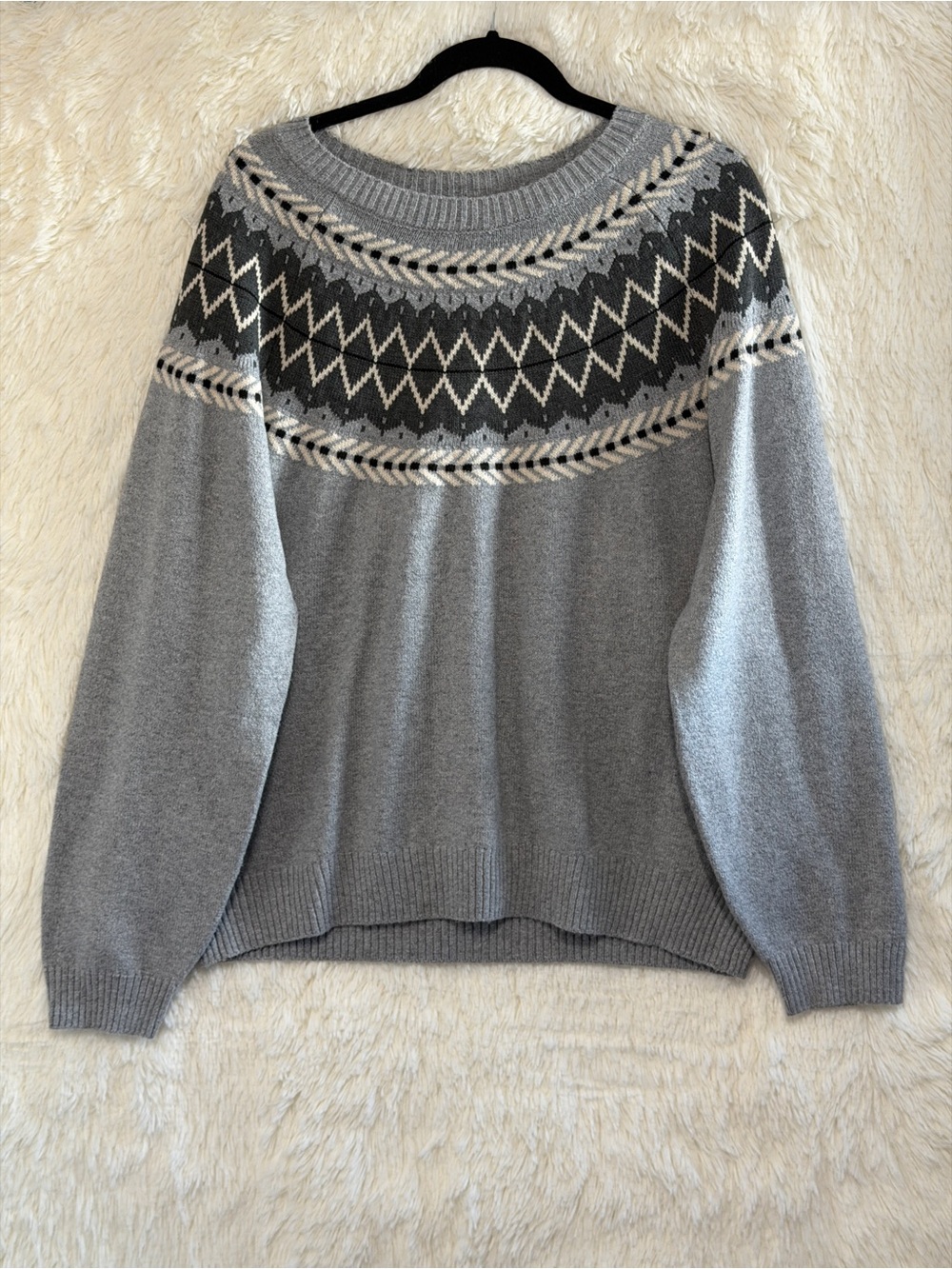 Weatherproof Vintage Womens Fair Isle Knit Sweater XL Grey Cabincore Granola